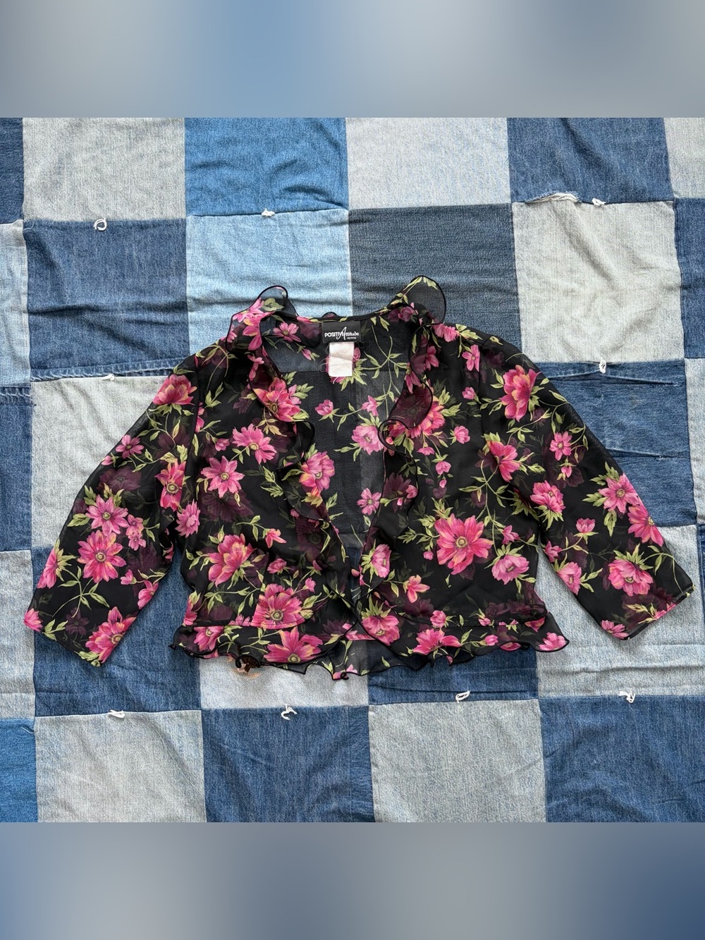 VTG Sheer Ruffle Blouse Positive Attitude Floral Blouse Button Size L Petite